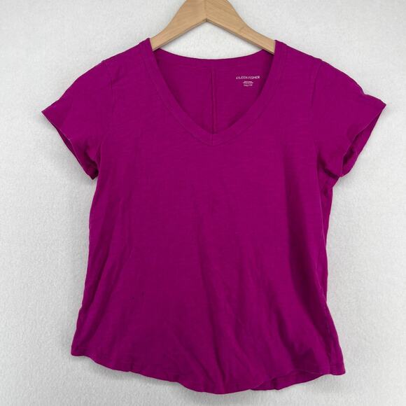 EILEEN FISHER Top 2XS Organic Cotton Slub Jersey V-Neck Short Sleeve Purple - Picture 1 of 13